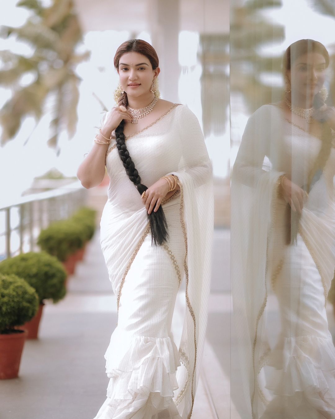 Honey Rose Stills in Sleeveless South Indian White Saree09